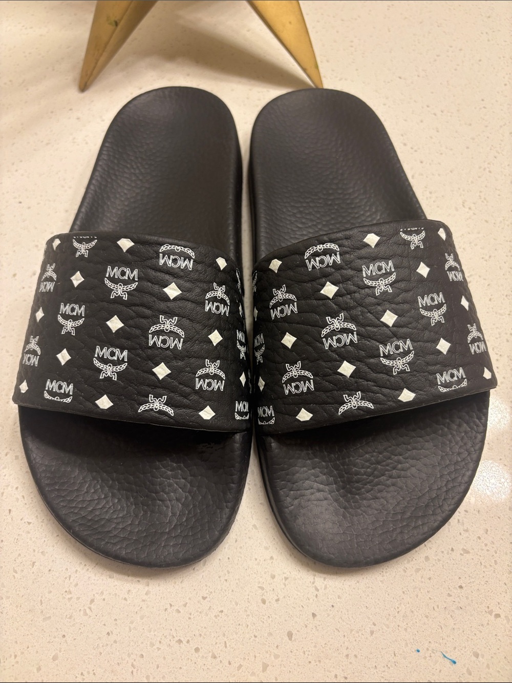 MCM Authentic Black Slide Sandals with White Logo Print